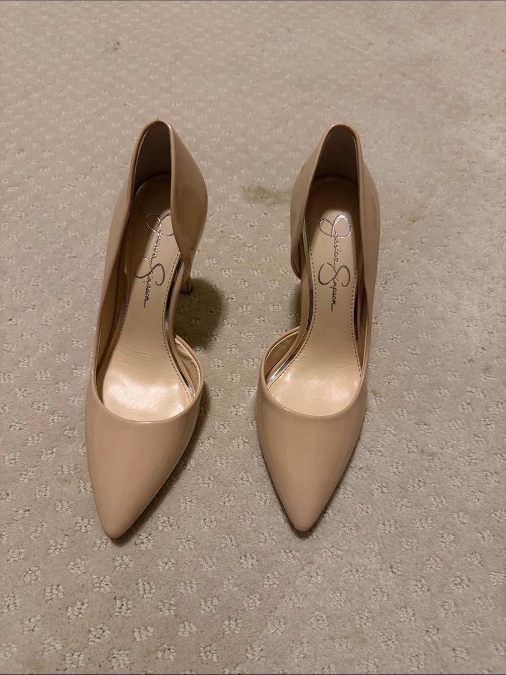 Jessica Simpson Beige Patent Pointed-Toe Stilettos